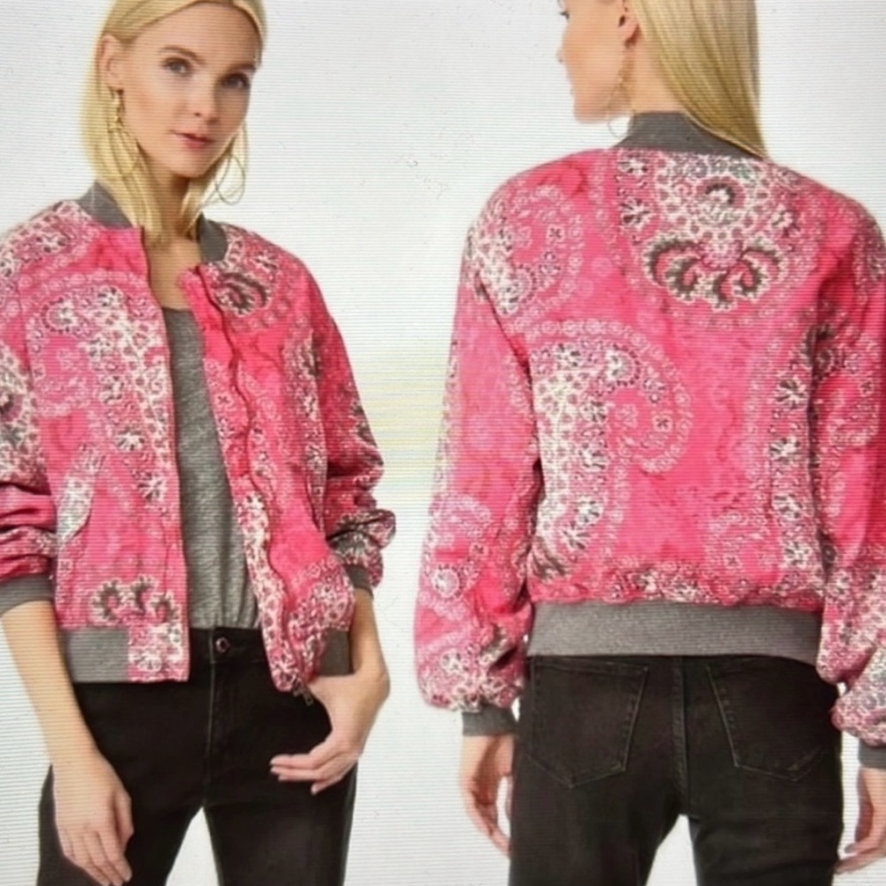 Free People Daytrip Pink and Gray Paisley Bomber Jacket Size XS Oversized - Picture 2 of 9